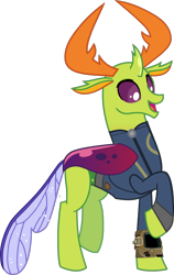 Size: 1600x2531 | Tagged: safe, artist:hendro107, artist:ponygamer2020, edit, edited screencap, imported from derpibooru, screencap, thorax, changedling, changeling, fallout equestria, triple threat, absurd resolution, changeling king, clothes, fallout, happy, high res, jumpsuit, king thorax, male, not a vector, open mouth, pipboy, raised hoof, simple background, smiling, solo, transparent background, vault suit, vector