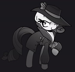 Size: 2206x2127 | Tagged: safe, alternate version, artist:kindakismet, imported from derpibooru, rarity, pony, black background, clothes, coat, detective rarity, female, hat, high res, mare, monochrome, noir, simple background, solo