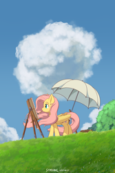 Size: 1600x2400 | Tagged: safe, alternate version, artist:symbianl, imported from derpibooru, fluttershy, pegasus, pony, canvas, cloud, cottagecore, crossover, easel, female, folded wings, looking at something, mare, mouth hold, movie poster, outdoors, paintbrush, painting, parody, poster parody, profile, solo, standing, studio ghibli, the wind rises, umbrella, windswept mane, wings