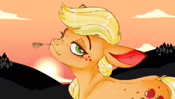 Size: 1920x1080 | Tagged: safe, artist:woollyart, imported from derpibooru, applejack, pony, alternative cutie mark placement, facial cutie mark, freckles, looking at you, shoulder freckles, solo, straw in mouth