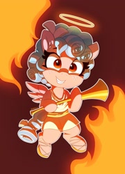 Size: 2878x4000 | Tagged: safe, artist:pabbley, imported from derpibooru, imported from ponybooru, cozy glow, pegasus, pony, clothes, dress, ear fluff, ears, fangs, female, filly, fire, flying, freckles, grin, halo, high res, holding, musical instrument, pure concentrated unfiltered evil of the utmost potency, pure unfiltered evil, smiling, solo, spread wings, wings