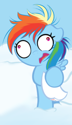 Size: 414x718 | Tagged: safe, artist:becauseimpink, edit, imported from derpibooru, rainbow dash, pegasus, pony, comic:transition, cloud, cropped, cross-eyed, derp, faic, female, filly, filly rainbow dash, floppy ears, front view, messy mane, open mouth, paper, solo, wordless edit, younger