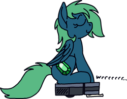 Size: 1966x1530 | Tagged: safe, artist:skookz, imported from derpibooru, oc, oc only, oc:emerald, pegasus, pony, eyes closed, female, happy, mare, ponies riding roombas, riding, roomba, simple background, sitting, solo, text, transparent background, wings