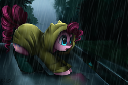 Size: 4117x2757 | Tagged: safe, artist:pridark, imported from derpibooru, pinkie pie, earth pony, pony, absurd file size, boots, clothes, cupcake, female, food, high res, imminent death, mare, rain, raincoat, sewer, shoes, signature, solo, stephen king's it, this will end in death