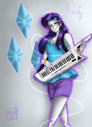 Size: 2893x3996 | Tagged: safe, artist:bidzinha, imported from derpibooru, rarity, equestria girls, bracelet, cutie mark background, high res, jewelry, keytar, musical instrument, rarity peplum dress, solo