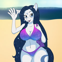 Size: 1280x1280 | Tagged: safe, artist:axelferdinan, artist:beholdervee, imported from derpibooru, oc, oc only, anthro, earth pony, bare shoulders, beach, belly, belly button, big breasts, bikini, blue eyes, bra, breasts, busty oc, cleavage, clothes, commission, cutie mark, digital art, eyebrows, eyelashes, female, hair, long hair, ocean, open mouth, panties, sand, solo, solo female, standing, swimsuit, tail, thick, thighs, thunder thighs, underwear, waving, wide hips, ych result