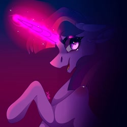 Size: 1080x1080 | Tagged: safe, artist:tessa_key_, imported from derpibooru, twilight sparkle, pony, unicorn, abstract background, bust, female, glowing horn, horn, mare, needs more jpeg, open mouth, raised hoof, signature, solo, unicorn twilight