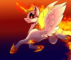 Size: 1080x915 | Tagged: safe, artist:tessa_key_, imported from derpibooru, daybreaker, alicorn, pony, abstract background, female, hoof shoes, horn, mane of fire, mare, peytral, signature, solo, wings