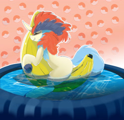 Size: 4248x4104 | Tagged: safe, artist:fiyawerks, imported from derpibooru, oc, oc only, oc:keldia, pony, banana, cute, female, food, hot tub, inflatable, inflatable toy, mare, pokémon, ponified, pool toy, smiling, solo, swimming, water