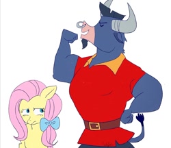 Size: 1324x1145 | Tagged: safe, artist:saltysel, imported from derpibooru, fluttershy, iron will, earth pony, minotaur, pony, alternate universe, beauty and the beast, bow, crossover, duo, eyes closed, female, flexing, gaston, gaston legume, hair bow, horns, male, mare, nose piercing, nose ring, piercing, race swap, septum piercing, simple background, white background