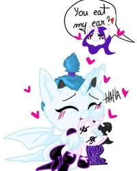 Size: 640x800 | Tagged: safe, artist:_goddesskatie_, imported from derpibooru, oc, oc only, alicorn, bat pony, bat pony alicorn, pony, bat wings, blushing, eyes closed, female, filly, horn, offscreen character, open mouth, plushie, simple background, white background, wings