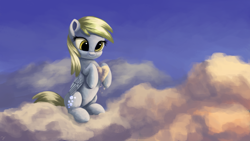 Size: 3000x1688 | Tagged: safe, artist:flusanix, imported from derpibooru, derpy hooves, pegasus, pony, cloud, cloud sculpting, cute, derpabetes, female, heart, mare, on a cloud, sitting, sitting on a cloud, sitting on cloud, sky, solo