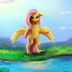 Size: 4000x4000 | Tagged: safe, artist:miokomata, imported from derpibooru, fluttershy, pegasus, semi-anthro, absurd resolution, colored hooves, cute, female, floppy ears, freckles, freckleshy, looking at you, mare, miokomata is trying to murder us, shyabetes, smiling, solo