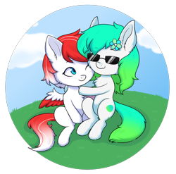 Size: 1902x1877 | Tagged: safe, artist:alune, imported from derpibooru, oc, oc only, oc:gumdrop, oc:making amends, pegasus, pony, colored wings, commission, duo, sunglasses, two toned wings, wings, ych result