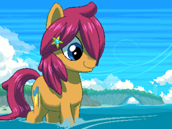 Size: 800x600 | Tagged: safe, artist:rangelost, imported from derpibooru, oc, oc only, oc:trailblazer, earth pony, pony, cyoa:d20 pony, cloud, female, mare, ocean, outdoors, pixel art, sky, solo, standing