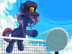 Size: 800x600 | Tagged: safe, artist:rangelost, imported from derpibooru, oc, oc only, oc:moonflower, bat pony, pony, cyoa:d20 pony, ball, bat pony oc, bat wings, beach ball, cap, cloud, eyes closed, female, hat, mare, net, outdoors, pixel art, sky, smiling, solo, underhoof, wings