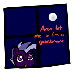 Size: 485x466 | Tagged: safe, artist:neuro, imported from derpibooru, oc, oc only, oc:purity ebonshield, bat pony, pony, fanfic:everyday life with guardsmares, /mlp/, 4chan, bat pony oc, bat wings, dude let me in, everyday life with guardsmares, female, guardsmare, let me in, mare, moon, royal guard, simple background, speech bubble, text, this will end with sex, transparent background, window, wings