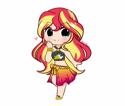 Size: 3940x3333 | Tagged: safe, artist:kittyrosie, imported from derpibooru, sunset shimmer, human, equestria girls, equestria girls series, bare shoulders, bikini, bikini top, blushing, bra, chibi, clothes, cute, digital art, female, high res, human coloration, humanized, sarong, shimmerbetes, simple background, sleeveless, smiling, solo, summer, swimsuit, underwear, white background