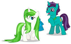 Size: 3861x2428 | Tagged: safe, artist:minty root, artist:stormdraws, imported from derpibooru, oc, oc only, oc:corpulent brony, oc:minty root, pony, unicorn, aroused, bedroom eyes, bow, bowtie, corpumint, duo, excited, female, hair bow, high res, male, oc x oc, shipping, show accurate, simple background, straight, transparent background, vector, wet, wet hair bow, wet mane