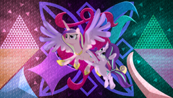 Size: 3840x2160 | Tagged: safe, artist:digimonlover101, artist:laszlvfx, artist:shootingstarsentry, edit, imported from derpibooru, princess cadance, starlight glimmer, pony, flying, high res, wallpaper, wallpaper edit