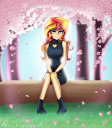 Size: 3581x4096 | Tagged: safe, artist:opal_radiance, imported from derpibooru, sunset shimmer, equestria girls, bare shoulders, boots, cherry blossoms, clothes, cute, dress, eyebrows, eyelashes, female, flower, flower blossom, full body, hair, long hair, looking at you, petals, shoes, sitting, sleeveless, smiling, smiling at you, solo, solo female, sparkly hair, sparkly mane, tree