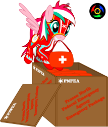Size: 2599x3036 | Tagged: safe, artist:kyoshyu, imported from derpibooru, oc, oc only, oc:shuri cane, pegasus, pony, clothes, crate, female, first aid kit, flight suit, high res, mare, mouth hold, simple background, solo, transparent background, vector