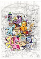 Size: 423x600 | Tagged: safe, artist:andypriceart, idw, imported from derpibooru, applejack, fluttershy, pinkie pie, rainbow dash, rarity, spike, twilight sparkle, earth pony, pegasus, pony, unicorn, album cover, art is magic, coloring, cover, cute, drawing, frown, glare, grumpy, highlander, hoof hold, joe kubert, licking, licking lips, looking at you, lying down, magic, mane seven, mane six, mouth hold, movie poster, movie reference, music reference, onomatopoeia, open mouth, prone, raised eyebrow, sitting, skull, sleeping, smiling, sound effects, star trek, telekinesis, the rolling stones, tongue out, typewriter, unamused, z, zzz