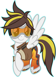 Size: 1024x1390 | Tagged: safe, artist:pegasski, imported from derpibooru, oc, oc only, oc:ruffian, pegasus, pony, clothes, cosplay, costume, female, mare, overwatch, simple background, solo, tracer, transparent background