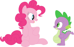 Size: 3542x2262 | Tagged: safe, artist:porygon2z, imported from derpibooru, pinkie pie, spike, dragon, earth pony, pony, belly, big belly, duo, fat, fat spike, female, high res, hoof on belly, male, open mouth, pudgy pie, simple background, sitting, transparent background, vector