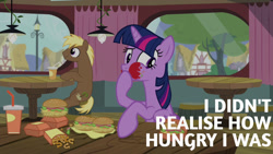 Size: 1280x720 | Tagged: safe, edit, edited screencap, editor:quoterific, imported from derpibooru, screencap, coco crusoe, twilight sparkle, alicorn, earth pony, pony, twilight time, aweeg*, burger, female, food, hay burger, hungry, ketchup, male, mare, sauce, sitting, stallion, twilight burgkle, twilight sparkle (alicorn)