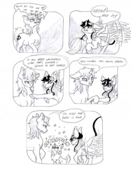 Size: 1654x2136 | Tagged: safe, artist:cindertale, imported from derpibooru, oc, oc only, oc:aeon of dreams, oc:cinder, oc:lightning bliss, alicorn, deer, pony, unicorn, alicorn oc, chest fluff, comic, deer oc, dialogue, female, horn, lineart, looking up, male, mare, monochrome, stallion, starry eyes, traditional art, wingding eyes, wings