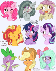 Size: 2373x3000 | Tagged: safe, artist:freefraq, imported from derpibooru, applejack, flitter, fluttershy, marble pie, pinkie pie, spike, starlight glimmer, sunset shimmer, twilight sparkle, bat pony, dragon, earth pony, pegasus, unicorn, :3, :i, ;p, bat ponified, blush sticker, blushing, cheek fluff, chest fluff, cute, cute little fangs, diapinkes, ear fluff, faic, fangs, flutterbat, high res, leg fluff, marblebetes, one eye closed, open mouth, race swap, shyabates, shyabetes, tongue out, u wot m8, vulgar, what in tarnation, winged spike, wings, wink