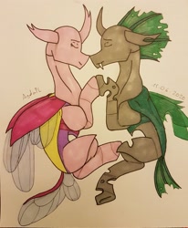 Size: 2488x3015 | Tagged: safe, artist:agdapl, imported from derpibooru, changedling, changeling, changedlingified, crossover, duo, female, green changeling, high res, male, signature, species swap, spy, team fortress 2, traditional art