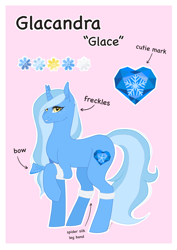 Size: 2480x3508 | Tagged: safe, artist:themstap, imported from derpibooru, oc, oc:glacandra, unicorn, armband, bow, female, freckles, high res, mare, reference sheet, smiling