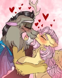 Size: 540x675 | Tagged: safe, artist:cocolove2176, imported from derpibooru, discord, fluttershy, draconequus, pegasus, pony, abstract background, blushing, bust, chest fluff, colored hooves, discoshy, eyes closed, female, heart, kissing, male, mare, shipping, straight