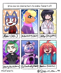 Size: 1080x1290 | Tagged: safe, artist:study_art_man_99, imported from derpibooru, ms. harshwhinny, anthro, bear, cat, earth pony, human, pony, robot, six fanarts, abomination track, amity blight, animal crossing, animatronic, anthro with ponies, blushing, bust, celeste, clothes, crossover, dyed hair, ear piercing, eyes closed, five nights at freddy's, frown, humanoid, inuyasha, kikyo, madeline, open mouth, piercing, school uniform, smiling, the owl house, witch