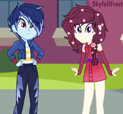 Size: 1558x1448 | Tagged: safe, artist:skyfallfrost, imported from derpibooru, oc, oc only, oc:sky chaser (skyfallfrost), oc:snowfire, equestria girls, clothes, dress, jacket, pants