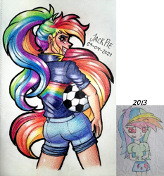 Size: 1827x1957 | Tagged: safe, artist:jack-pie, imported from derpibooru, rainbow dash, human, football, humanized, redraw, simple background, solo, sports, traditional art