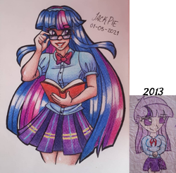 Size: 1377x1350 | Tagged: safe, artist:jack-pie, imported from derpibooru, twilight sparkle, human, clothes, glasses, humanized, redraw, simple background, skirt, solo, traditional art