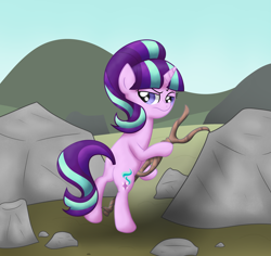 Size: 3667x3456 | Tagged: safe, artist:background basset, imported from derpibooru, starlight glimmer, pony, unicorn, bipedal, female, high res, mare, rock, s5 starlight, solo, staff, staff of sameness, standing