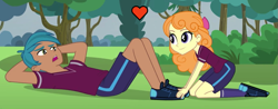 Size: 899x352 | Tagged: safe, edit, edited screencap, imported from derpibooru, screencap, carlos thunderbolt, orange sherbette, human, equestria girls, friendship games, pinkie spy (short), background human, cropped, crystal prep academy students, female, heart, male, shipping, sit-ups, straight, thunderbette