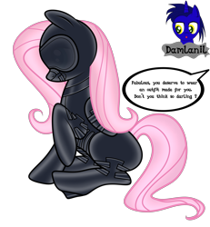 Size: 3840x4154 | Tagged: safe, alternate version, artist:damlanil, imported from derpibooru, fluttershy, pegasus, pony, blindfold, blushing, bondage, bondage mask, bound wings, catsuit, clothes, collar, comic, commission, corset, cute, cutie mark accessory, female, gag, gimp suit, high heels, hood, implied rarity, latex, latex suit, makeup, mare, muzzle gag, offscreen character, raised hoof, rubber, shiny, shiny mane, shoes, show accurate, shyabetes, simple background, sitting, solo, speech bubble, story, story included, transparent background, vector, wings