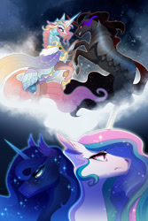 Size: 1280x1914 | Tagged: safe, artist:pumpkabooo, imported from derpibooru, king sombra, princess amore, princess celestia, princess luna, alicorn, pony, unicorn, angry, armor, clothes, cloud, duel, ear fluff, ethereal mane, fangs, female, flowing mane, flowing tail, hoof shoes, horn, looking at each other, male, night, snow, sombra eyes, sparkles, starry mane