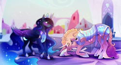 Size: 3643x1960 | Tagged: safe, artist:pumpkabooo, imported from derpibooru, princess amore, princess luna, alicorn, unicorn, armor, bat wings, blue mane, blushing, crown, crystal empire, ear fluff, ethereal mane, eyes closed, female, flowing mane, flowing tail, hoof shoes, horn, jewelry, regalia, smiling, snow, sparkles, starry mane, sunlight, wings