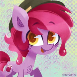 Size: 2000x2000 | Tagged: safe, artist:spacekitsch, imported from derpibooru, part of a set, oc, oc only, oc:jelly, bust, cutie mark, eyebrows, fluffy, food, freckles, hat, high res, jelly, looking at you, simple background