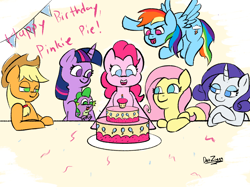 Size: 2732x2048 | Tagged: safe, artist:datzigga, imported from derpibooru, applejack, fluttershy, pinkie pie, rainbow dash, rarity, spike, twilight sparkle, dragon, earth pony, pegasus, pony, unicorn, birthday, birthday cake, cake, cute, female, food, happy, high res, male, mane seven, mane six, mare, no pupils