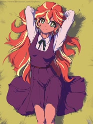 Size: 967x1290 | Tagged: safe, artist:tinybenz, imported from derpibooru, sunset shimmer, equestria girls, arm behind head, clothes, cute, dress, female, happy, looking at you, lying down, on back, shimmerbetes, smiling, solo