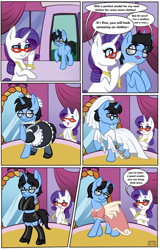 Size: 1024x1600 | Tagged: safe, artist:sabrib, imported from derpibooru, rarity, oc, oc:tinker doo, pony, unicorn, bipedal, blushing, clothes, comic, crossdressing, dialogue, dress, female, garter belt, garters, glasses, high heels, hoof shoes, maid, male, mare, measuring tape, miniskirt, modeling, rarity's glasses, shoes, skirt, smiling, socks, stallion, stockings, sweat, sweatdrop, thigh highs, wedding dress