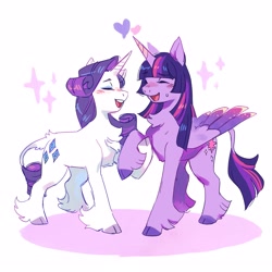Size: 3000x3000 | Tagged: safe, artist:frogbians, imported from derpibooru, rarity, twilight sparkle, alicorn, classical unicorn, pony, unicorn, blushing, chest fluff, cloven hooves, colored hooves, eyes closed, female, high res, holding hooves, leonine tail, lesbian, mare, open mouth, open smile, rarilight, shipping, smiling, sweat, sweatdrop, twilight sparkle (alicorn), unshorn fetlocks