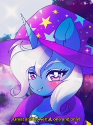 Size: 2048x2732 | Tagged: safe, artist:pierogarts, imported from derpibooru, trixie, pony, unicorn, 90s anime, bust, clothes, female, hat, high res, looking at you, mare, portrait, smug, solo, trixie's hat